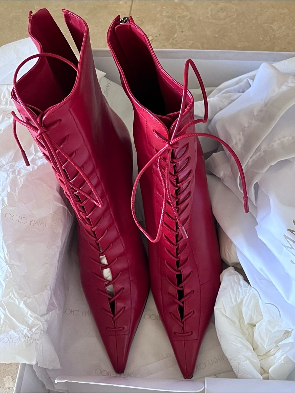 Jimmy Choo classic red Lace-Up Pointed Ankle Boots